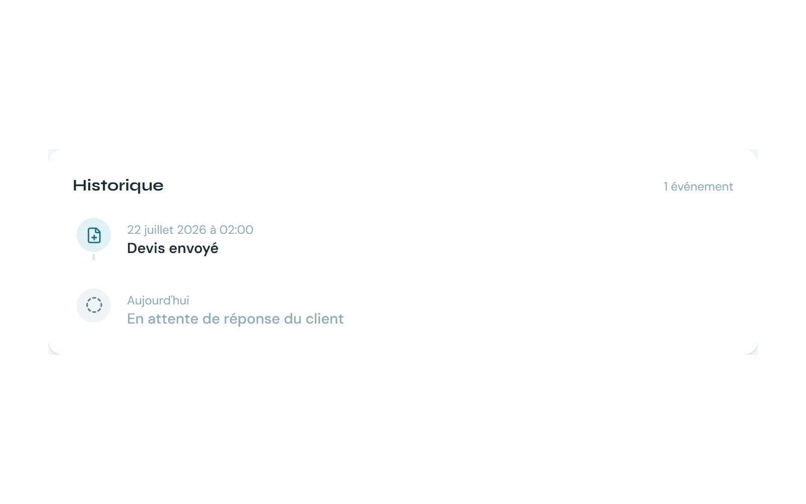 Historique d'un devis envoyé, en attente de réponse du client